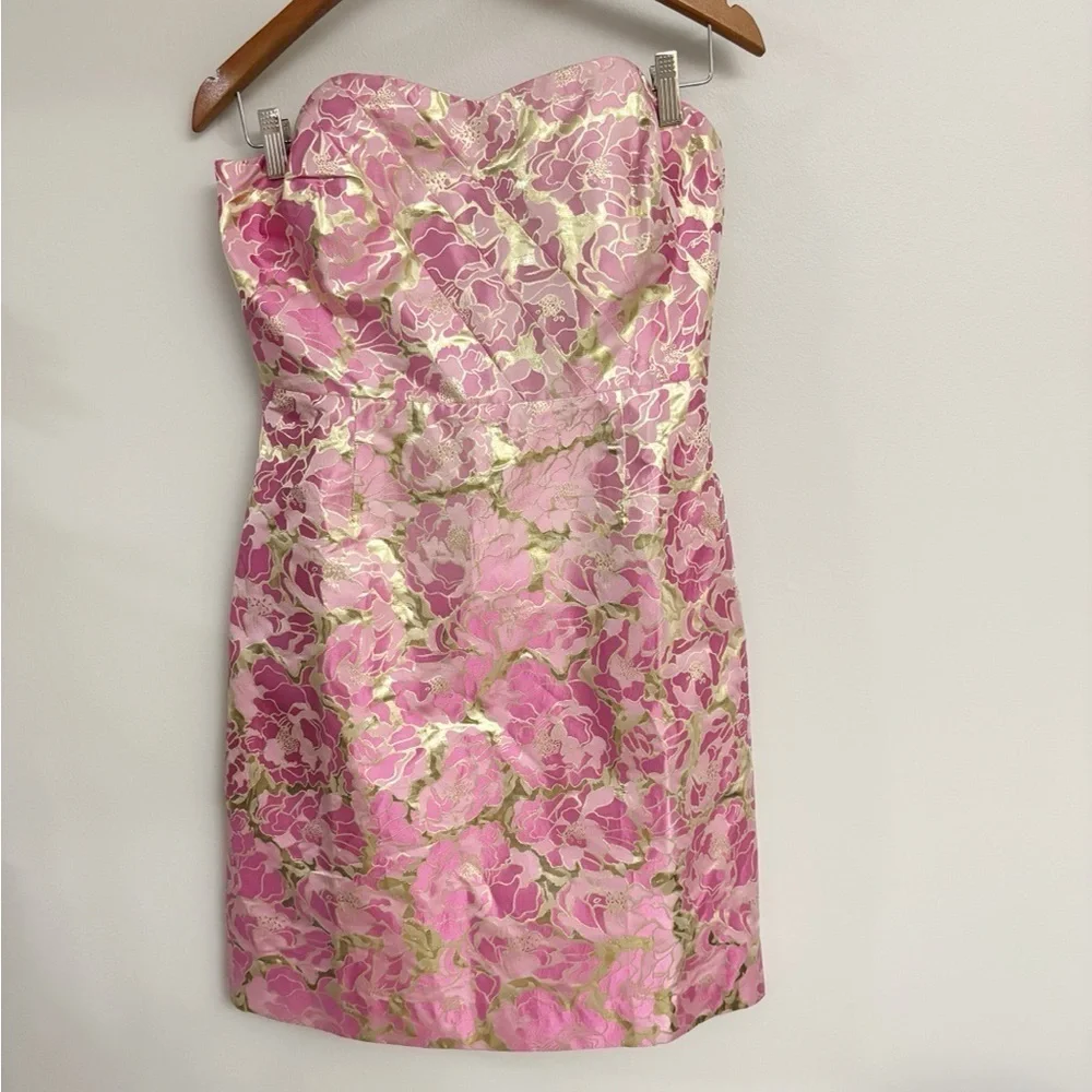 Lilly Pulitzer Silk Raya Dress Pink Gold Jacquard Mini Strapless Sweetheart Sz 8 - Picture 4 of 10